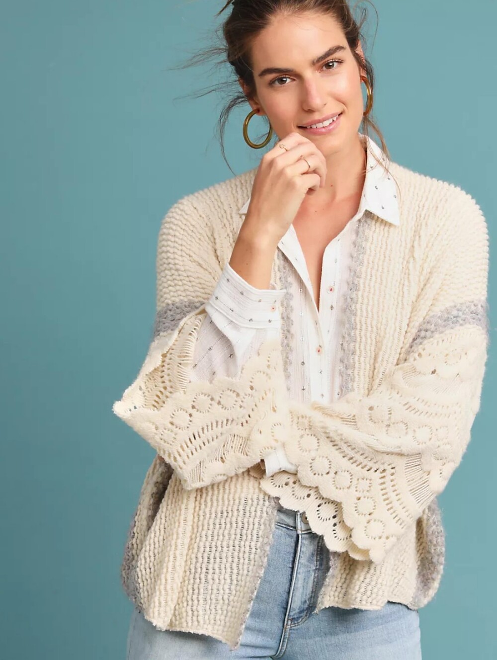 Anthropologie Rosanna Crochet Kimono Cream Open Front Cardigan One Size